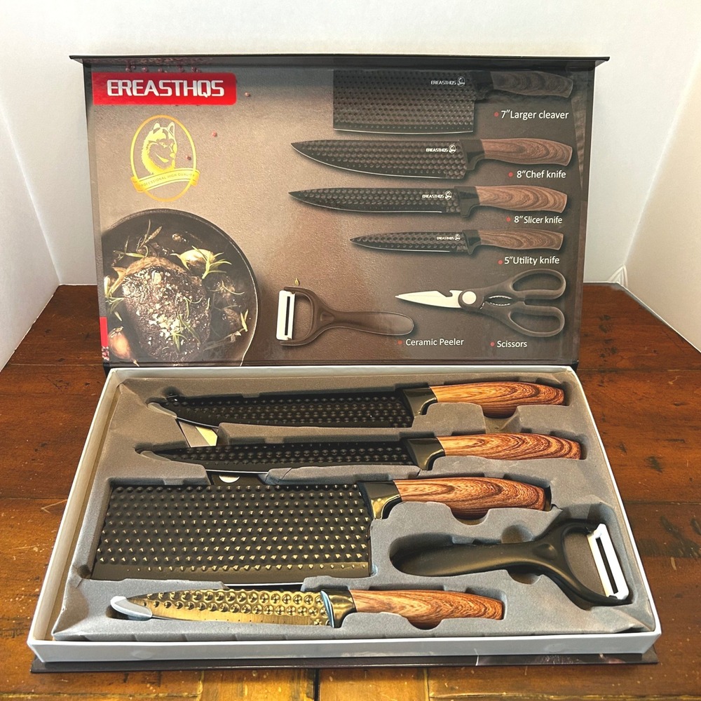 EREASTHQS Knife Set Black 6 Piece Non-Stick Wood Grain Handle New